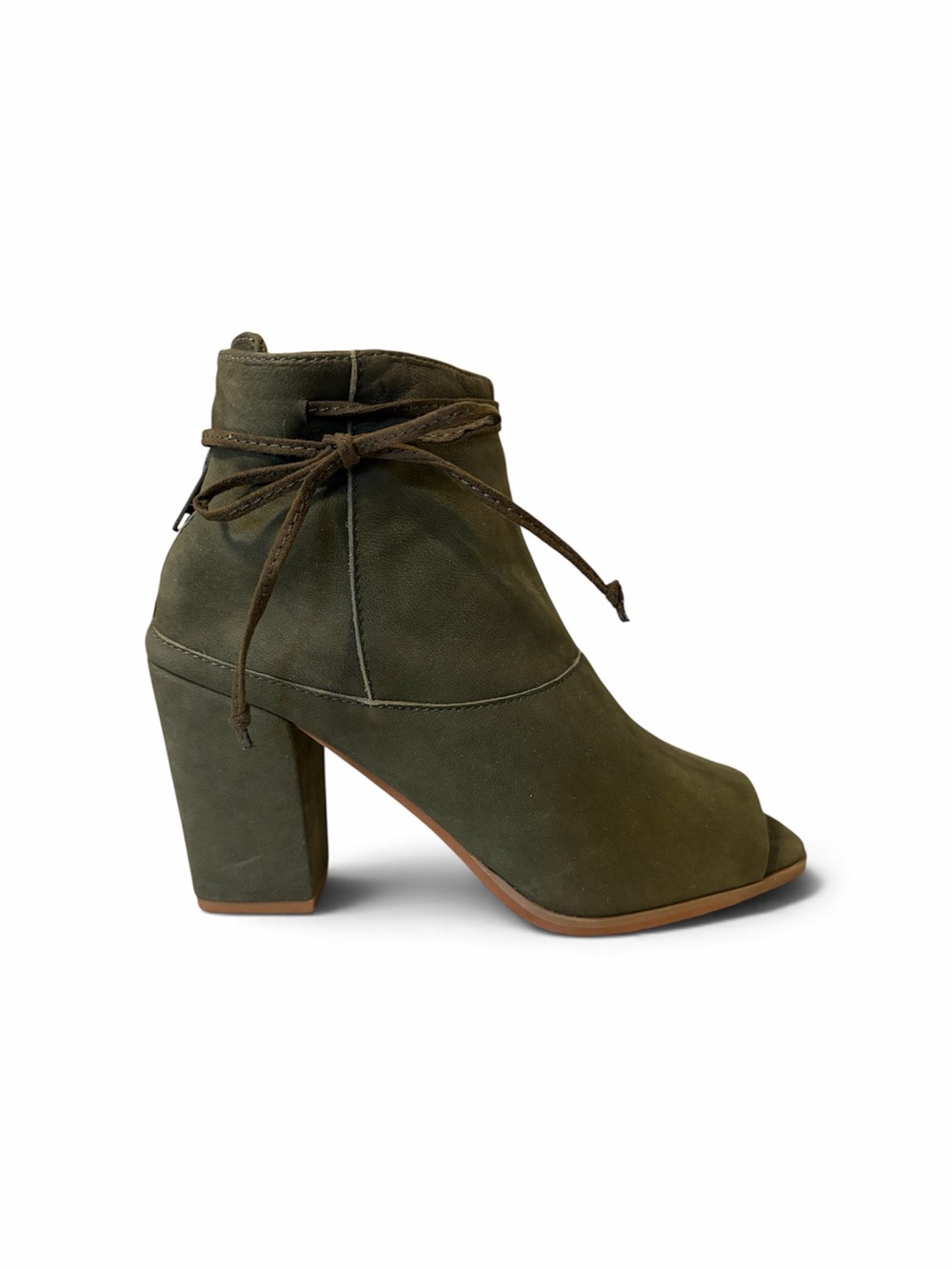 Seychelles Anthropologie Olive Green Leather Peep Toe Chinky Heel Ankle Boots